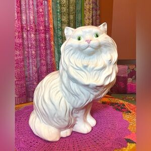 Vintage MCM Ceramic White Persian Cat With Green Eyes